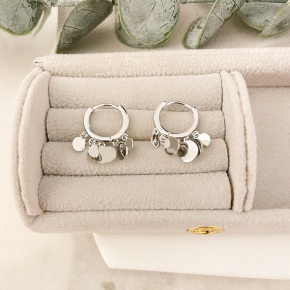 925 Sterling Silver Coin Huggie Earrings Dangle Coin Hoop Earrings Small Hoops - Picture 3 of 9